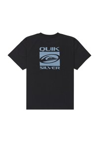 Svart bomull t-skjorte med et lyst blått Quiksilver-logo og bølgedesign trykt på baksiden. Korte ermer og rund halsringning.