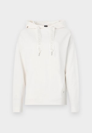White sweatshirt with a hood, drawstrings featuring logo, ribbed cuffs, and hem. Embroidered logo detail on sleeve; soft, textured fabric.