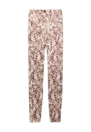 Legginsy z wysokim stanem z abstrakcyjnym brązowo-beżowym cętkowanym wzorem, długość pełna, dopasowany fason na aktywność lub casual.