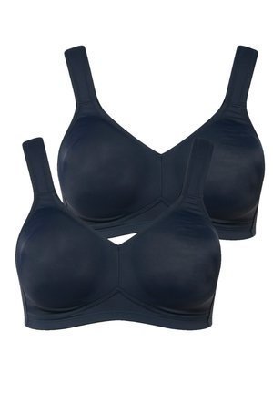 Dark navy wireless bras featuring a smooth texture, adjustable straps, and a V-shaped design with a subtle cutout detail. Two pieces included.