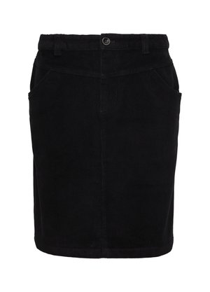 Schwarzer Cordrock mit einem Bund und einem Knopf, zwei Seitentaschen und einem geraden Saum.