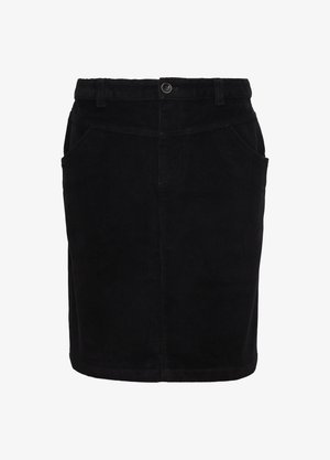 Schwarzer Cordrock mit einem Bund und einem Knopf, zwei Seitentaschen und einem geraden Saum.