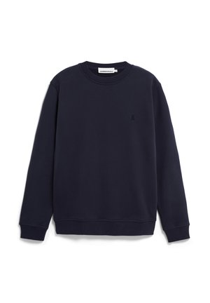 Dunkelblaues Sweatshirt aus weichem Stoff, mit Rundhalsausschnitt, langen Ärmeln und einem kleinen Logoakzent auf der linken Brust.