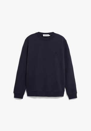 Dunkelblaues Sweatshirt aus weichem Stoff, mit Rundhalsausschnitt, langen Ärmeln und einem kleinen Logoakzent auf der linken Brust.