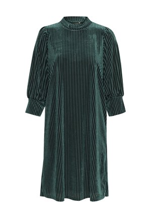 Turkio aksomo suknelė su vertikaliu pašilkimu, aukštu apykakle ir pūstomis rankovėmis. Kelio ilgio dizainas. Minkšta audinio struktūra su nedideliu blizgesiu.