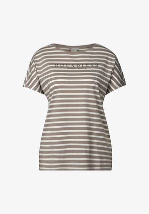 Camiseta a rayas en beige y crema, de manga corta, con cuello redondo, que presenta el texto "LIBERTAD INFINITA SIN LÍMITES" en la parte frontal.