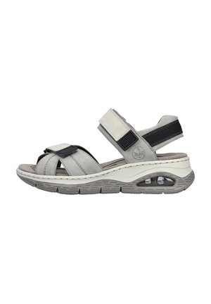 Gray sandals with multiple adjustable straps, featuring a cushioned sole and air cushioning detail, designed for comfort and support.