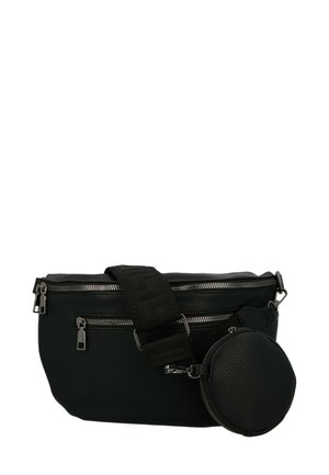 Borsa a vita in pelle nera con texture, due scomparti con zip, tracolla regolabile ampia e una piccola pochette rotonda con zip attaccata.
