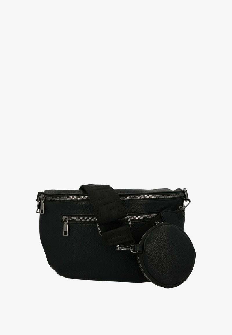 Borsa a vita in pelle nera con texture, due scomparti con zip, tracolla regolabile ampia e una piccola pochette rotonda con zip attaccata.