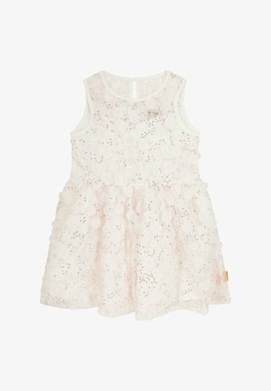 Jasnoróżowa sukienka bez rękawów z rozkloszowanym dołem, warstwowym materiałem, okrągłymi teksturowanymi wzorami i cekinami ozdabiającymi górną część.