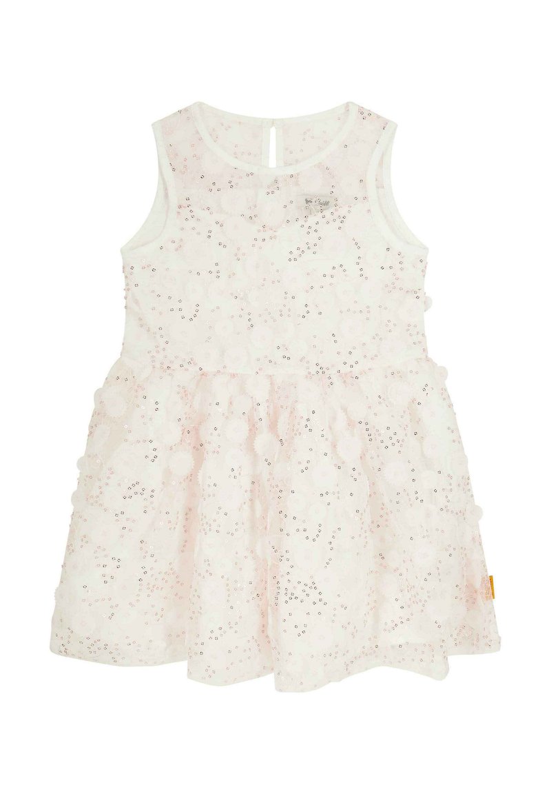 Helles rosa ärmelloses Kleid mit einem ausgestellt Rock, geschichtetem Stoff, kreisförmigen Texturmuster und Pailletten, die das Oberteil verzieren.