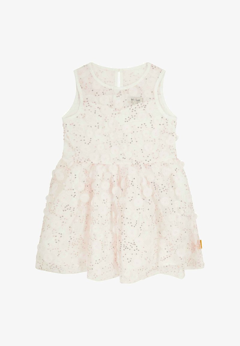 Helles rosa ärmelloses Kleid mit einem ausgestellt Rock, geschichtetem Stoff, kreisförmigen Texturmuster und Pailletten, die das Oberteil verzieren.