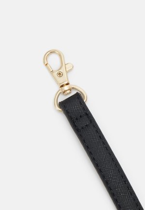 Black textured strap attached to a gold metal swivel clasp with spring-loaded latch on a light gray background.