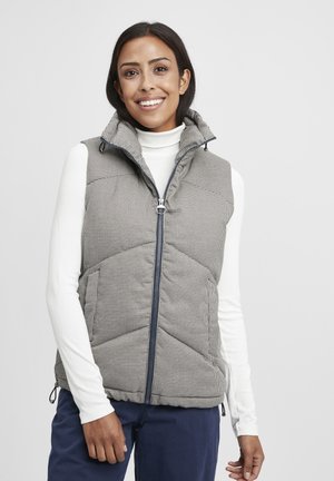 Gilet matelassé en motif vichy gris et marine, avec un col montant et une fermeture éclair sur le devant. Comprend deux poches latérales et une coupe ajustée.