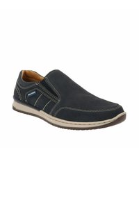 Zapato sin cordones para hombre en malla de color azul marino oscuro con costuras beige, forma de punta redonda, parte superior texturizada y suela de goma. Incluye acentos elásticos en los laterales.