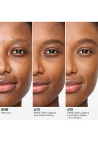 Before-and-after comparison of facial skin; left shows bare skin, middle with primer, right with primer and foundation, highlighting smoothness.