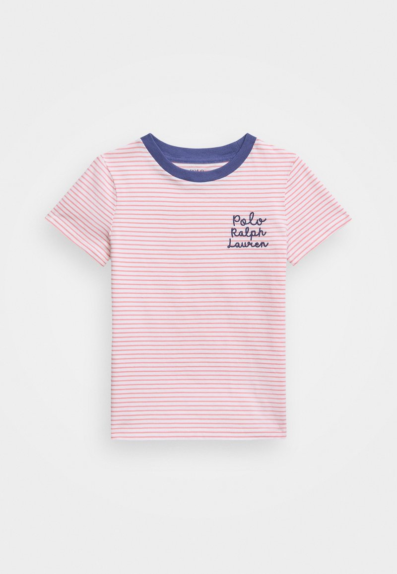 Λευκό κοντομάνικο μπλουζάκι με ροζ και λευκές ρίγες. Ναυτικό μπλε λαιμόκοψη. Περιέχει κεντημένο λογότυπο "Polo Ralph Lauren" στο στήθος.