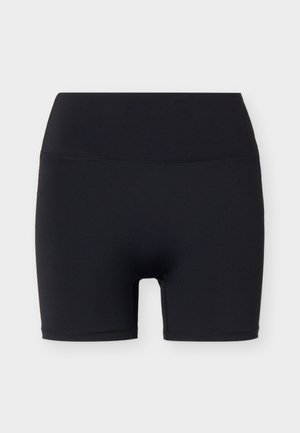 Fekete, magas derekú, rugalmas sportnadrág sima felülettel és széles derékpánttal, testhezálló kialakítással.