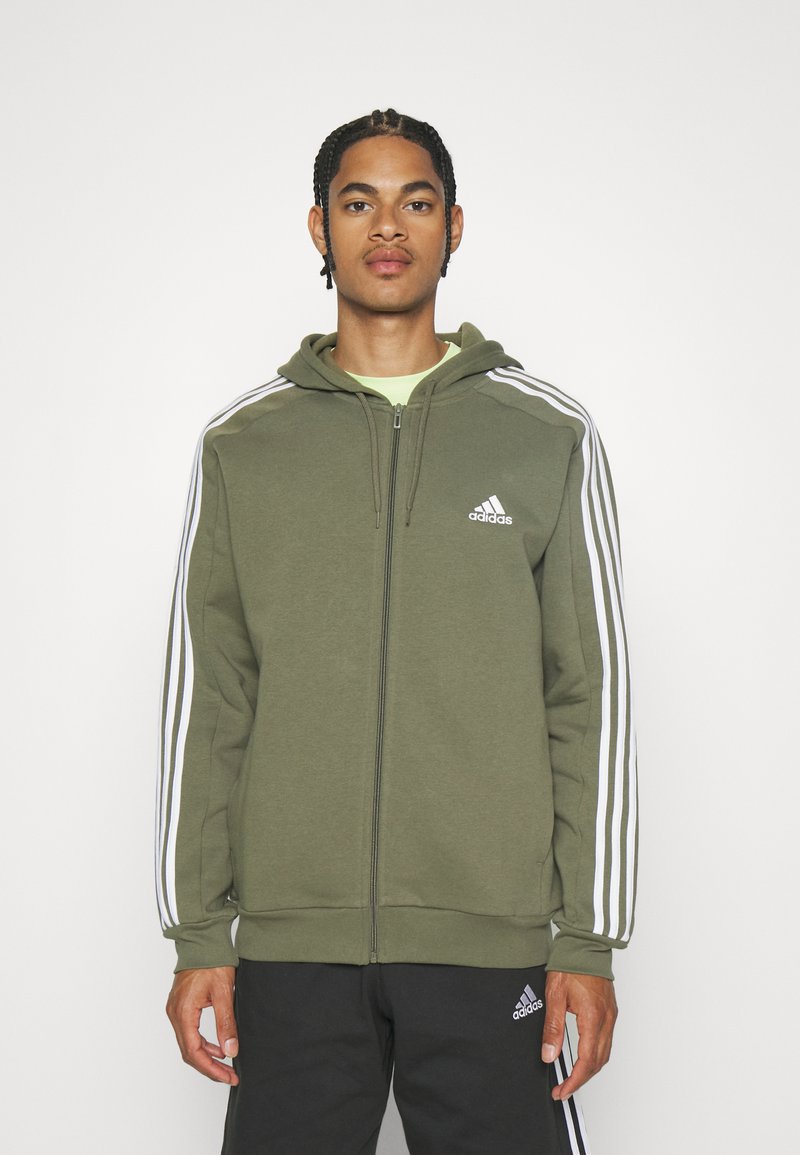 adidas Sportswear ESSENTIALS 3 STRIPES FULL ZIP - Camisola com fecho - olive strata