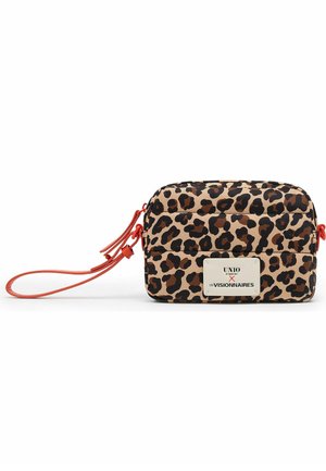 Leopard print wristlet bag with red strap and front label reading "UNIO x LES VISIONNAIRES" on a white background.