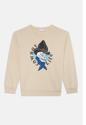 Beżowa bluza z grafiką czaszki w czarnym kowbojskim kapeluszu i niebieskiej chustce na szyję, otoczona tekstem "COWBOY LIFE."