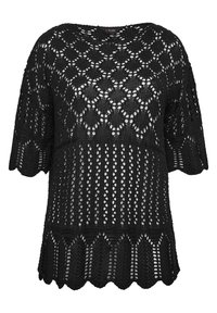 Svart stickad topp med lös passform, korta ärmar, öppen stickning, vågig nederkant och varierande texturmönster.
