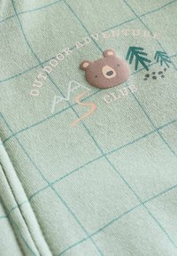 Tissu vert clair avec un motif en grille, comportant une appliqué d'ours brun, le texte "CLUB D'AVENTURE EN PLEIN AIR" et de petites plantes vertes.