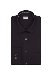 Camicia nera con colletto alla francese, taschino sul lato sinistro e polsini con bottoni. Presenta una texture sottile e un dettaglio del colletto interno a contrasto.