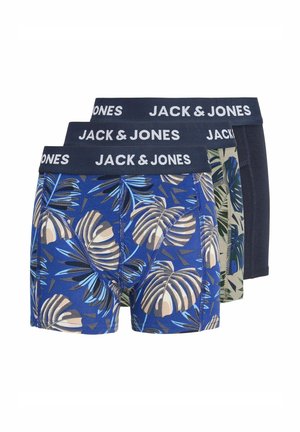 Trois paires de boxers pour hommes avec des tailles "JACK & JONES", avec des motifs de feuilles tropicales bleues et vertes et une paire unie foncée.