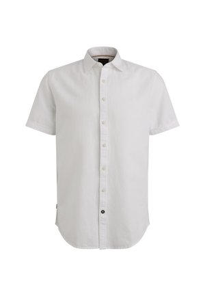Camisa blanca de manga corta con cuello abotonado, botones en la parte delantera y dobladillo curvado. Fabricada con una tela ligera de textura suave.