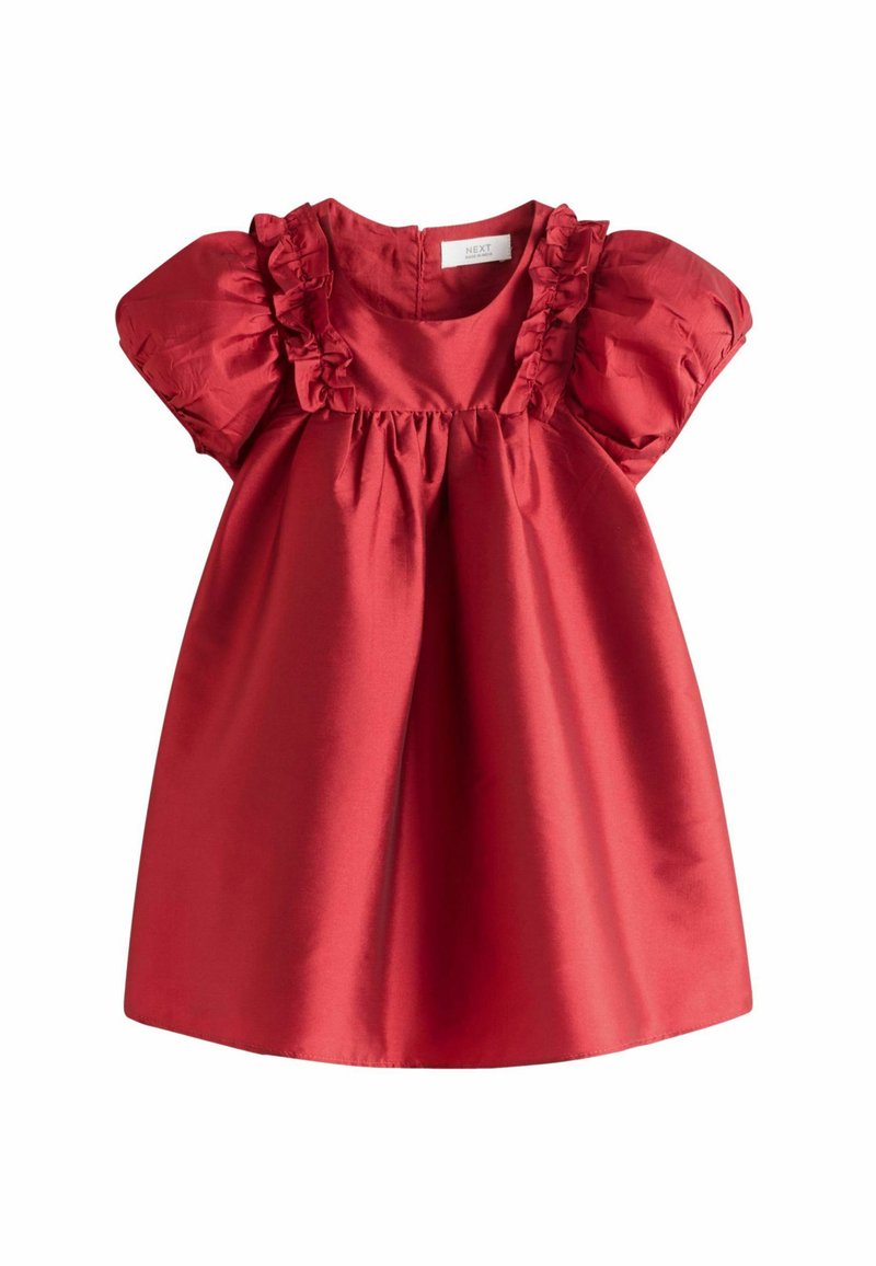Robe rouge avec des manches courtes à volants, un col rond et une taille froncée. Tissu satin lisse avec une forme évasée classique. Fermeture éclair à l'arrière.
