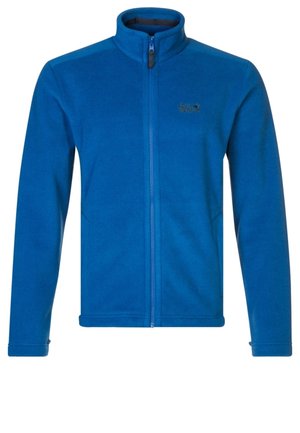 Blaue Fleecejacke mit durchgehendem Reißverschluss, langen Ärmeln und hohem Kragen, mit einem kleinen Logo auf der linken Brust.