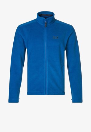 Veste en polaire bleue zippée intégralement avec manches longues et col montant, arborant un petit logo sur la poitrine gauche.