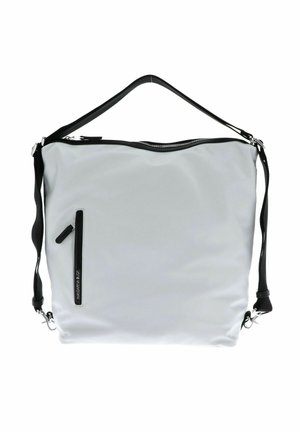 Borsa a spalla in nylon grigia con zip superiore, dotata di tasca con zip accentata nera, tracolla regolabile e texture liscia.