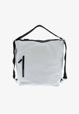 Borsa a spalla in nylon grigia con zip superiore, dotata di tasca con zip accentata nera, tracolla regolabile e texture liscia.