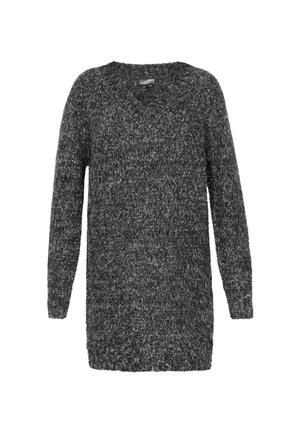 Strickpullover in Schwarz und Grau mit V-Ausschnitt, langen Ärmeln und einer strukturierten, flauschigen Oberfläche. Überschnittene Schultern für eine lässige Passform.