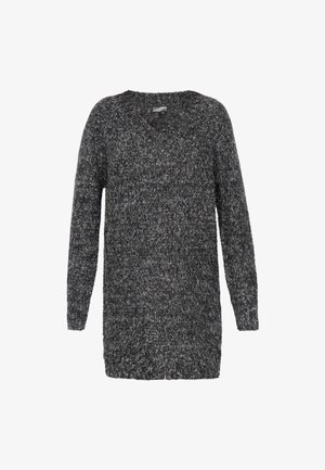 Strickpullover in Schwarz und Grau mit V-Ausschnitt, langen Ärmeln und einer strukturierten, flauschigen Oberfläche. Überschnittene Schultern für eine lässige Passform.