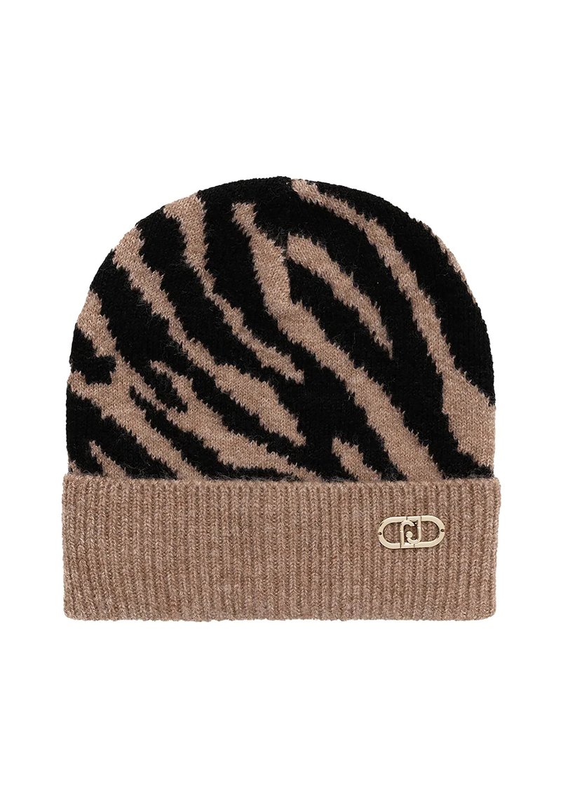 Berretto lavorato a maglia con corpo beige e strisce tigre nere, bordo a coste e piccolo logo metallico. Tessuto morbido e vestibilità elastica.