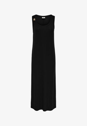 Robe maxi noire sans manches avec un col rond et un détail métallique subtil sur la bretelle gauche, présentée sur fond blanc.