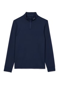 Pull-over à manches longues bleu marine avec col montant et fermeture éclair d'un quart, fabriqué en tissu lisse et extensible. Comprend des poignets ajustés et une silhouette épurée.