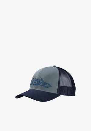 Casquette trucker en maille grise et marine avec un graphique de montagne sur le panneau avant et une visière courbée.