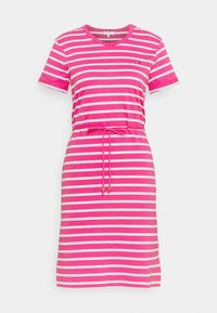 Pink and white striped cotton dress with short sleeves, a round neckline, and a drawstring waist. Features gold accents on the drawstring.