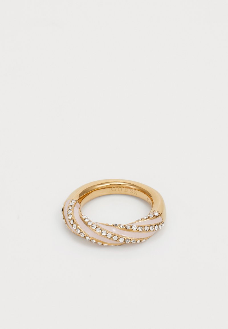 Gold-tone ring featuring intertwining bands, one smooth and one embellished with clear crystals, creating a textured design.