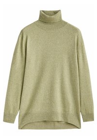 Grüner Rollkragenpullover aus weichem Stoff, mit langen Ärmeln, einem lockeren Schnitt und gerippten Abschlüssen an Bündchen und Saum.