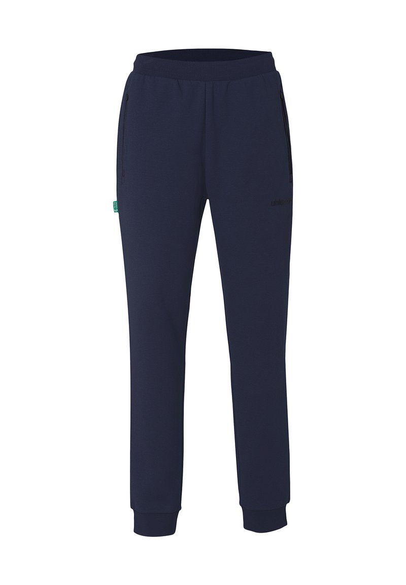 Marineblauwe sweatpants van zacht materiaal met een elastische tailleband, twee zijzakken en aangesloten boorden bij de enkels. Inclusief zwart logo detail.