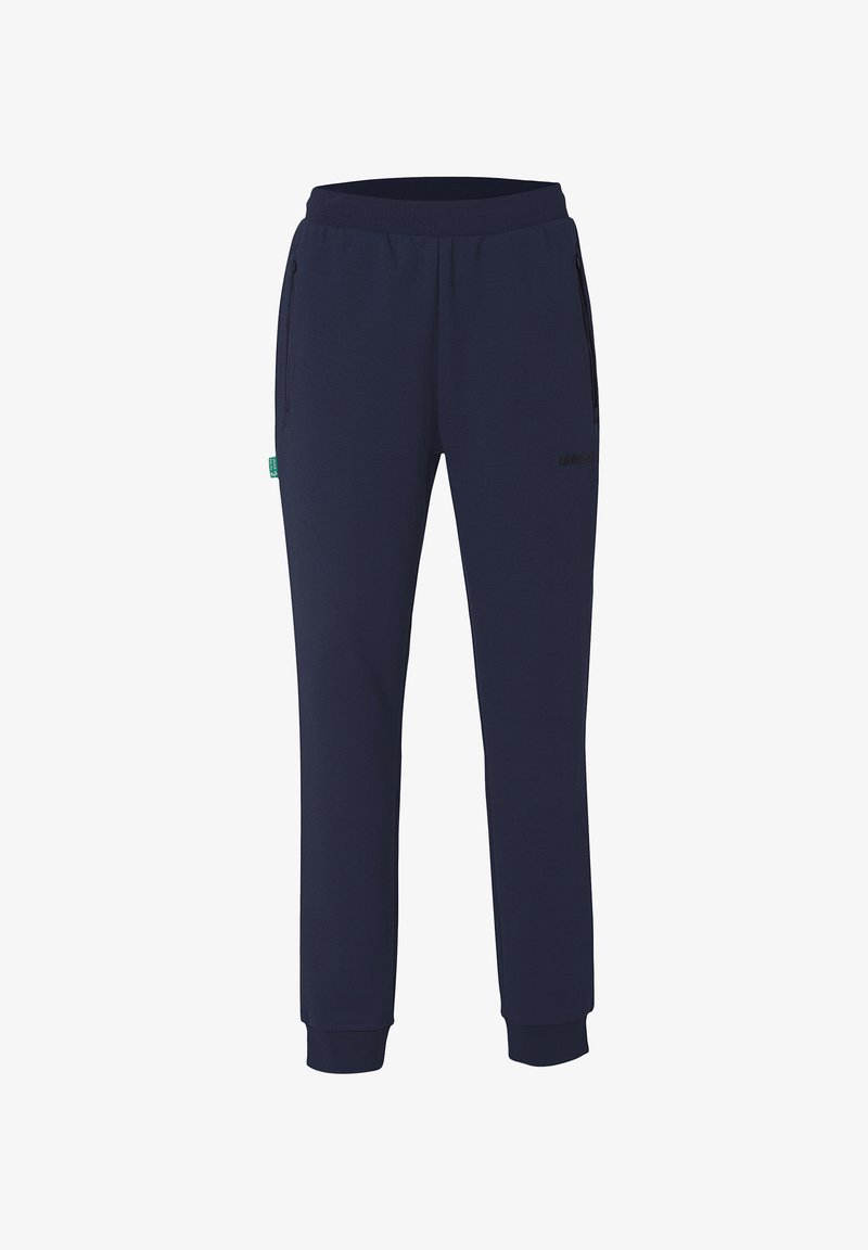 Marineblauwe sweatpants van zacht materiaal met een elastische tailleband, twee zijzakken en aangesloten boorden bij de enkels. Inclusief zwart logo detail.