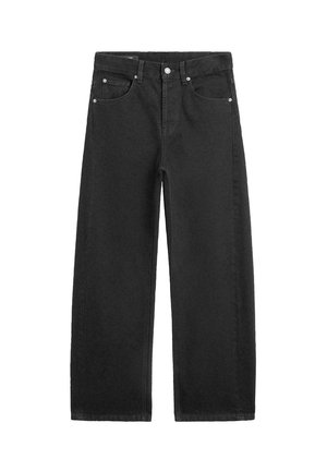 Jean noir droit avec poches avant, passants pour ceinture et fermeture à bouton et fermeture éclair, présenté à plat sur un fond blanc.