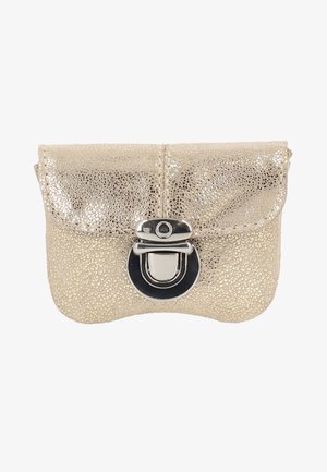 Metallic gold leather clutch with textured finish, rounded edges, and a silver hardware clasp. Fold-over flap design for secure closure.
