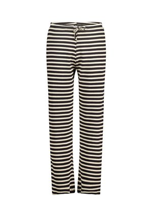 Striped pants in black and cream, ribbed texture, elastic waistband with drawstring, straight leg design, and ankle-length cut.