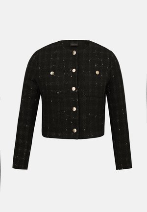 Schwarze, kurz geschnittene Tweedjacke mit langen Ärmeln, rundem Halsausschnitt und sechs metallischen Knöpfen vorne sowie an zwei Brusttaschen.